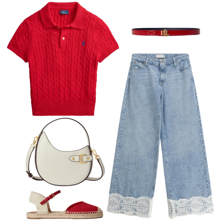 Outfit donna - Una scossa. Stile Casual chic per Ufficio. Abbinamento con jeans, borse a tracolla, cinture, polo, espadrillas.
