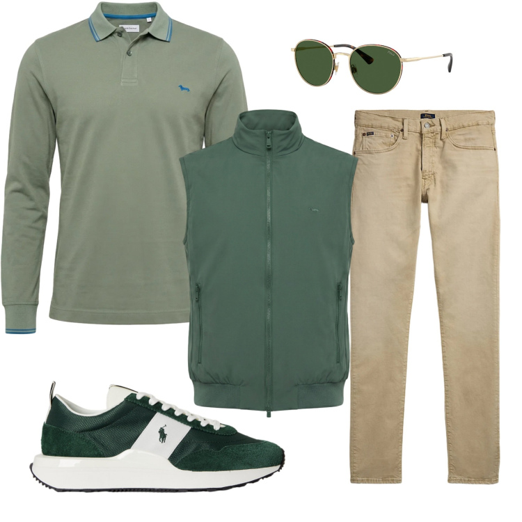 Outfit uomo - All\'aperto con stile. Stile Casual per Tutti i giorni. Abbinamento con gilet, polo, jeans, occhiali da sole, sneakers.