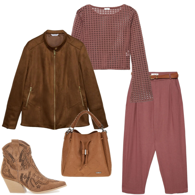 Outfit donna - Mocha mousse primaverile. Stile Casual chic per Tutti i giorni. Abbinamento con stivaletti texani, giacche, maglieria, borse a tracolla, pantaloni chino.