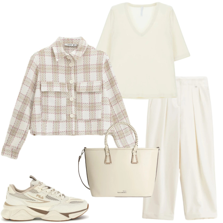Outfit donna - Colori chiari. Stile Casual chic per Ufficio. Abbinamento con shopping bag, t-shirt, cappotti, pantaloni, sneakers.