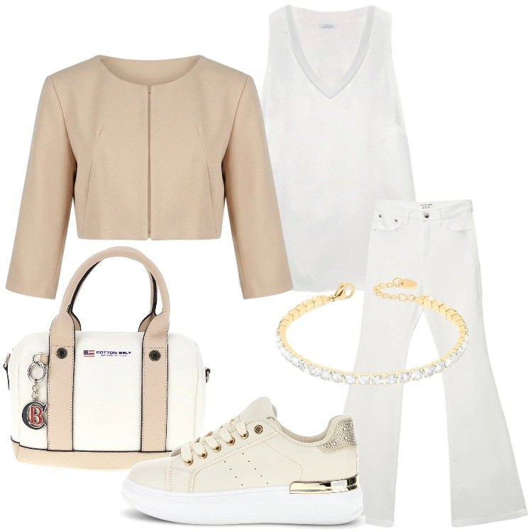 Outfit donna - Light as Cloud. Stile Trendy per Tutti i giorni. Abbinamento con top, bolero, braccialetti, jeans a zampa, sneakers, borse a mano.