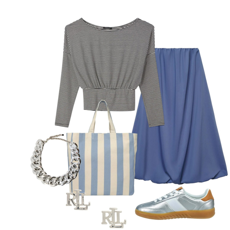Outfit donna - Total look #2376711. Stile Casual chic per Tutti i giorni. Abbinamento con collane, orecchini, sneakers, gonne lunghe, shopping bag, t-shirt.