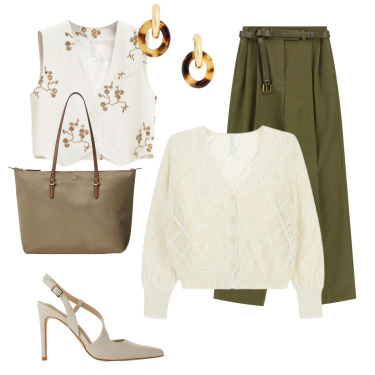 Outfit donna - Natura. Stile Casual chic per Tutti i giorni. Abbinamento con pantaloni a palazzo, gilet, cardigans, décolleté, borse tote, orecchini.