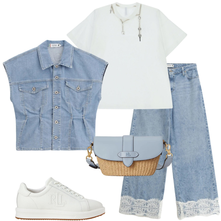 Outfit donna - Sporty chic. Stile Sporty chic per Ufficio. Abbinamento con gilet, jeans, t-shirt, sneakers, borse a spalla.