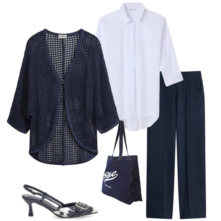 Outfit donna - Il classico bianco e blu. Stile Casual chic per Serata fuori. Abbinamento con cardigans, pantaloni, shopping bag, décolleté, camicie.