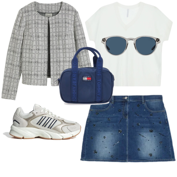 Outfit donna - Primavera. Stile Casual per Tutti i giorni. Abbinamento con maglieria, minigonne, occhiali da sole, cardigans, borse a tracolla, sneakers.
