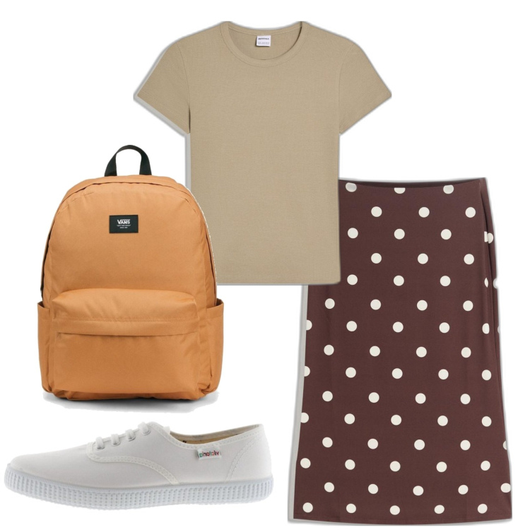 Outfit mujer - Casual look. Estilo Casual para Todos los días. Combinación con sneakers, mochilas, falda longuette, camiseta.