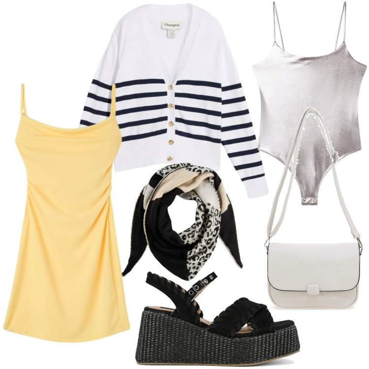 Outfit donna - Fresca e chic. Stile Minimal per Tutti i giorni. Abbinamento con foulard, cardigans, zeppe, body, borse a tracolla, vestiti corti.