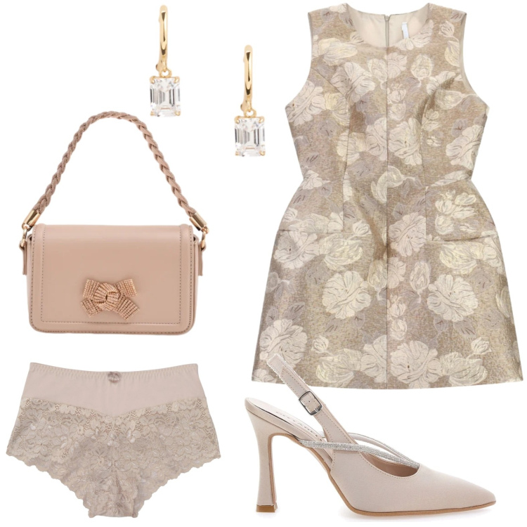 Outfit donna - Cocktail dress. Stile Glamour per Serata fuori. Abbinamento con culotte, vestiti corti, pochette, orecchini, décolleté.