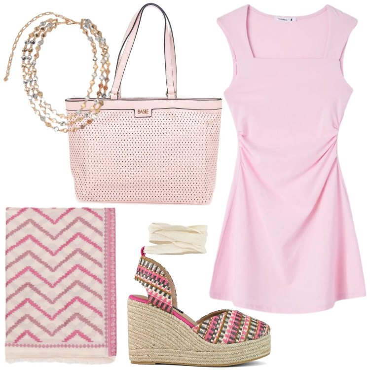 Outfit donna - All pink. Stile Minimal per Tutti i giorni. Abbinamento con vestiti corti, collane, foulard, zeppe, borse a spalla.