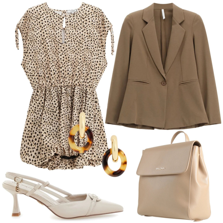 Outfit donna - Abito animalier smanicato. Stile Minimal per Tutti i giorni. Abbinamento con zaini, blazer, vestiti corti, orecchini, décolleté.