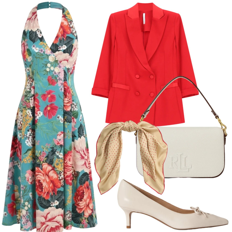 Outfit donna - Fiori e blazer. Stile Chic per Serata fuori. Abbinamento con blazer, vestiti midi/longuette, foulard, borse a spalla, décolleté.