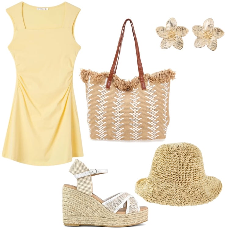 Outfit donna - Primavera in giallo. Stile Minimal per Tutti i giorni. Abbinamento con cappelli, orecchini, zeppe, borse a mano, vestiti.