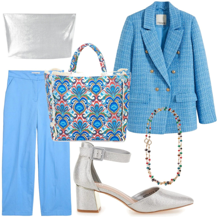 Outfit donna - Raffinatezza naturale. Stile Urban per Tutti i giorni. Abbinamento con blazer, pantaloni chino, collane, top, shopping bag, décolleté.