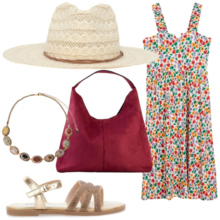 Outfit donna - Vestito estivo fresco. Stile Urban per Tutti i giorni. Abbinamento con borse a spalla, vestiti midi/longuette, collane, sandali, cappelli.