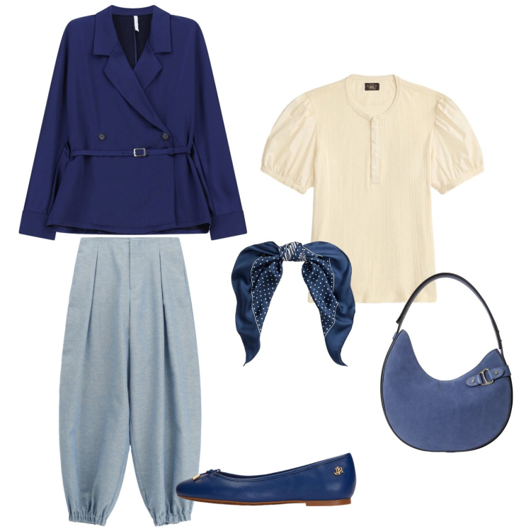 Outfit donna - My world is blue. Stile Casual chic per Ufficio. Abbinamento con blazer, pantaloni, ballerine, borse a spalla, foulard, bluse.