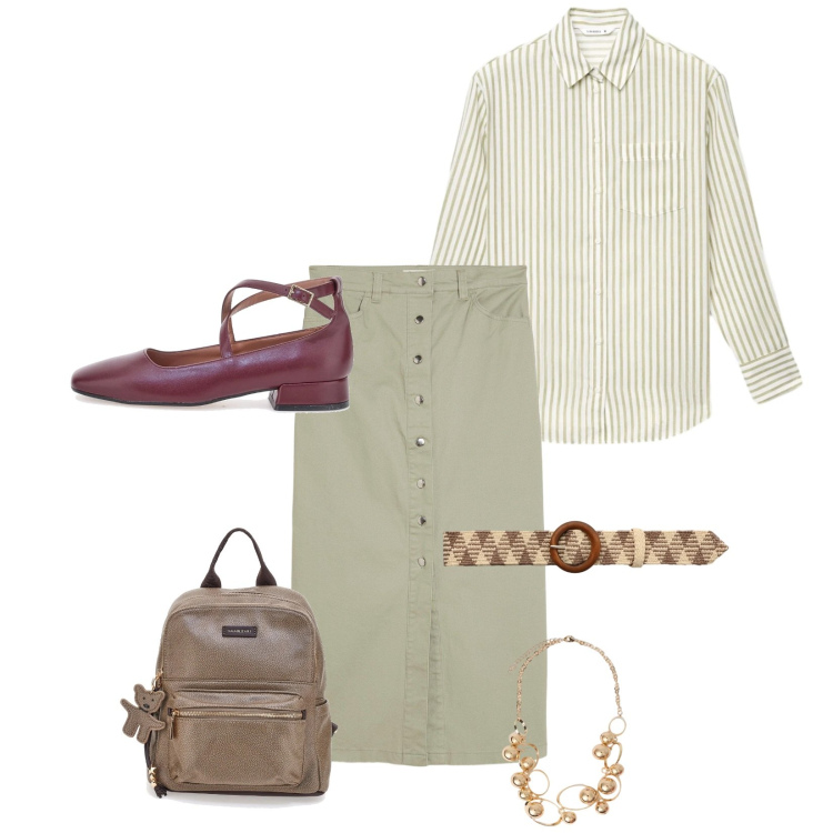 Outfit donna - Total look #2376762. Stile Casual chic per Tutti i giorni. Abbinamento con gonne longuette, collane, ballerine, zaini, camicie, cinture.