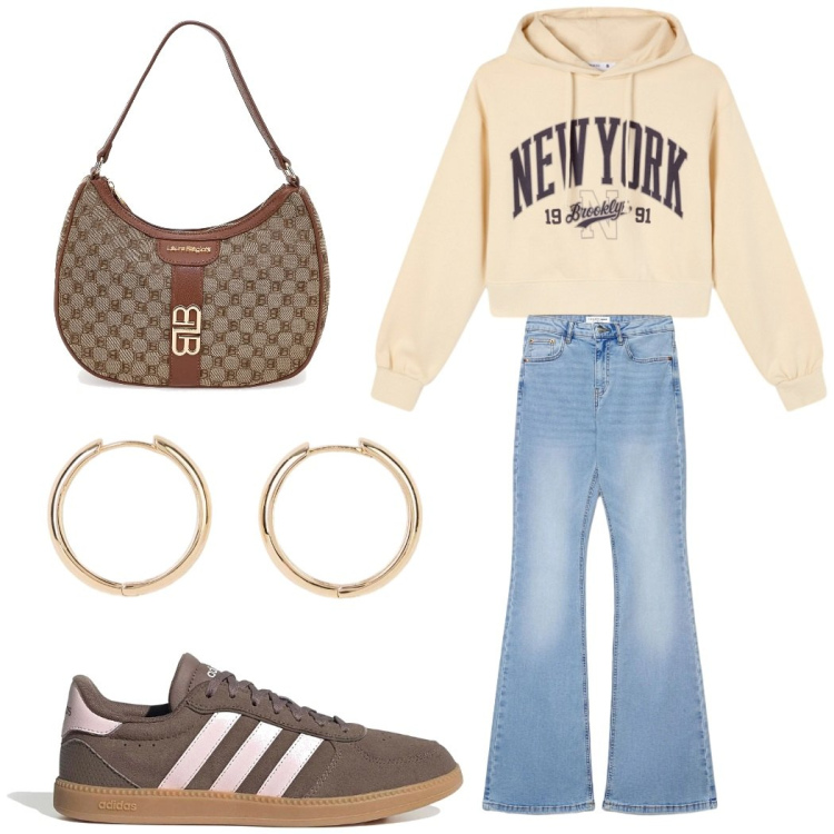Outfit donna - Look casual. Stile Casual per Tutti i giorni. Abbinamento con orecchini, jeans a zampa, felpe con cappuccio, sneakers, borse a spalla.