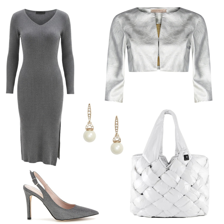 Outfit donna - riflessi metallici. Stile Trendy per Cerimonia. look ideale per Tall. Abbinamento con vestiti midi/longuette, bolero, borse tote, orecchini, décolleté.