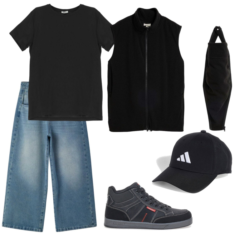 Outfit uomo - Urban. Stile Urban per Tutti i giorni. Abbinamento con gilet, t-shirt, cappelli con visiera, sneakers alte, jeans.