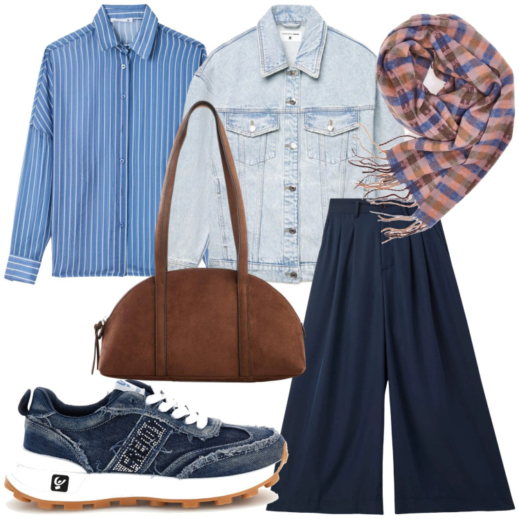 Outfit donna - Look giornaliero. Stile Casual per Tutti i giorni. Abbinamento con borse a tracolla, pantaloni, cappotti, camicie, sciarpe, sneakers.