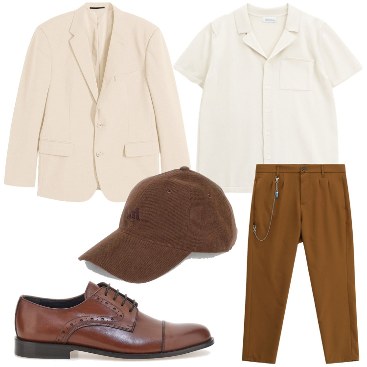 Outfit uomo - Dandy raffinato. Stile Trendy per Tutti i giorni. Abbinamento con giacche, pantaloni, camicie a manica corta, cappelli con visiera, scarpe stringate.