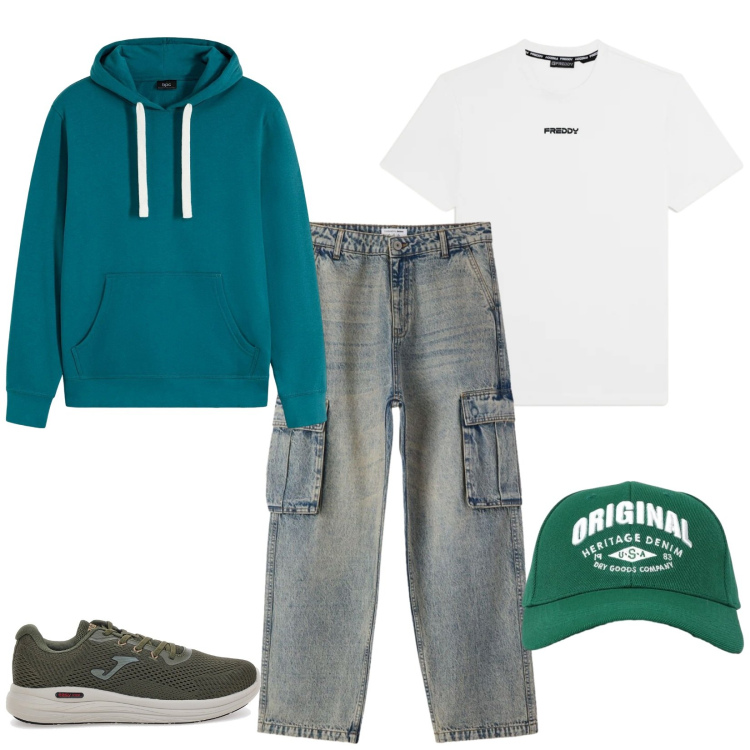 Outfit uomo - Young style. Stile Casual per Tutti i giorni. Abbinamento con felpe con cappuccio, t-shirt, jeans, cappelli con visiera, sneakers.