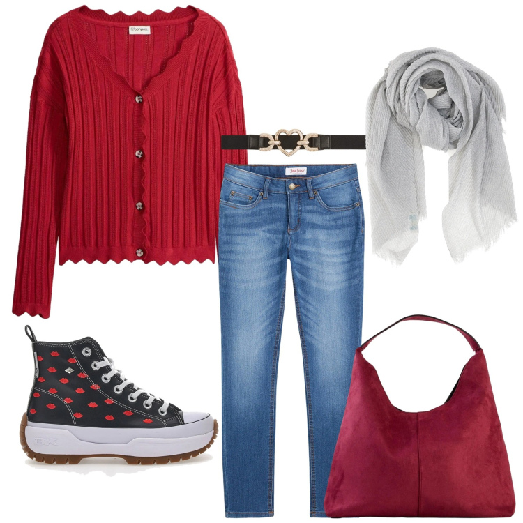 Outfit donna - Total look #2376789. Stile Casual per Tutti i giorni. Abbinamento con jeans skinny, borse a spalla, cardigans, foulard, cinture, sneakers.