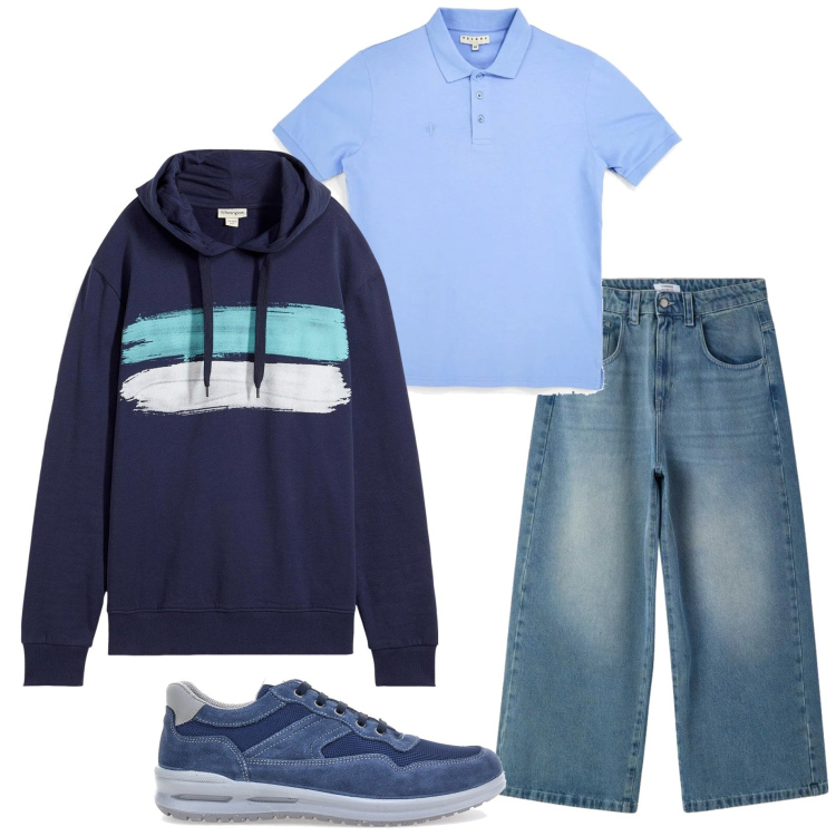 Outfit uomo - Aprile. Stile Casual per Tutti i giorni. Abbinamento con felpe con cappuccio, jeans, polo, sneakers.