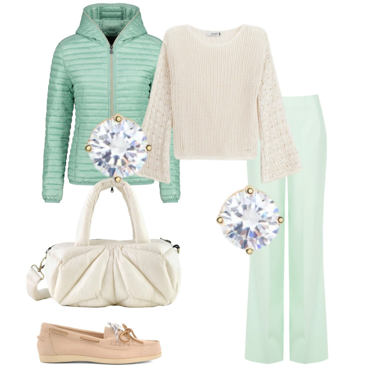 Outfit donna - Total look #2376798. Stile Casual chic per Ufficio. Abbinamento con pantaloni a palazzo, maglieria, piumini, borse a mano, orecchini, mocassini.