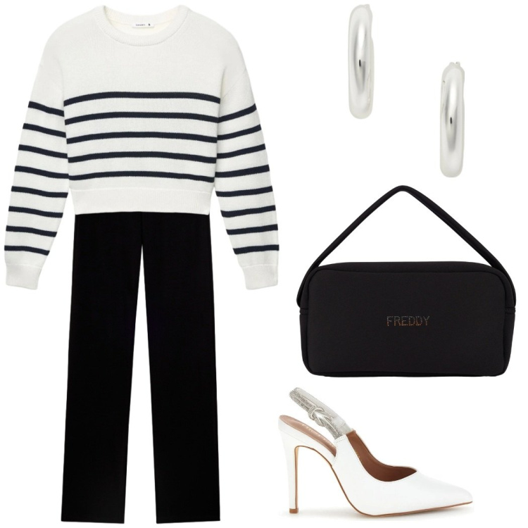 Outfit donna - Bianco e nero. Stile Casual chic per Serata fuori. Abbinamento con maglieria, borse a mano, pantaloni, orecchini, décolleté.