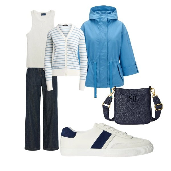 Outfit donna - piccole sfumature. Stile Casual per Tutti i giorni. Abbinamento con caban, jeans, sneakers, borse a tracolla, cardigans, canottiere.