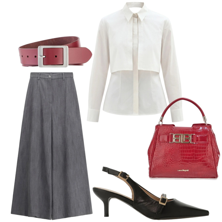 Outfit donna - Total look #2376811. Stile Chic per Ufficio. Abbinamento con cinture, pantaloni a palazzo, sandali col tacco, camicie, borse a mano.
