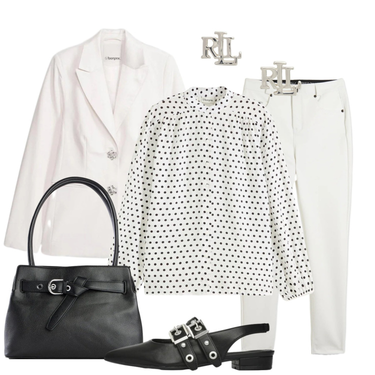 Outfit donna - Metalli e pois. Stile Casual chic per Tutti i giorni. Abbinamento con borse a mano, camicie, blazer, pantaloni skinny, orecchini, ballerine.