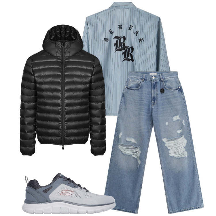 Outfit uomo - Total look #2376815. Stile Trendy per Tutti i giorni. Abbinamento con jeans strappati, bomber, sneakers, camicie.