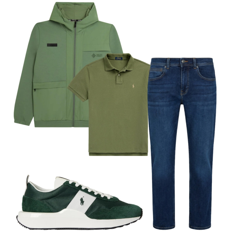Outfit uomo - Total look #2376816. Stile Urban per Tutti i giorni. Abbinamento con jeans dritti, felpe con cappuccio, polo, sneakers.