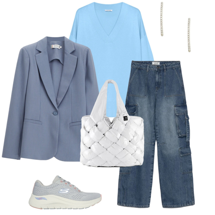 Outfit donna - Total look #2376823. Stile Casual chic per Tutti i giorni. Abbinamento con jeans, maglieria, blazer, borse tote, orecchini, sneakers.