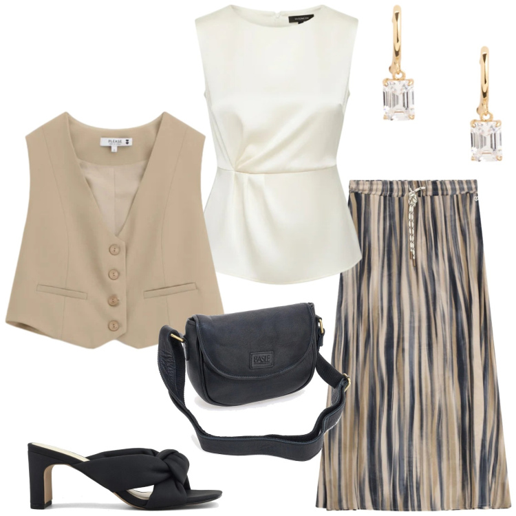 Outfit donna - Total look #2376831. Stile Bon Ton per Serata fuori. Abbinamento con bluse, gonne lunghe, gilet, orecchini, sandali col tacco, borse a tracolla.