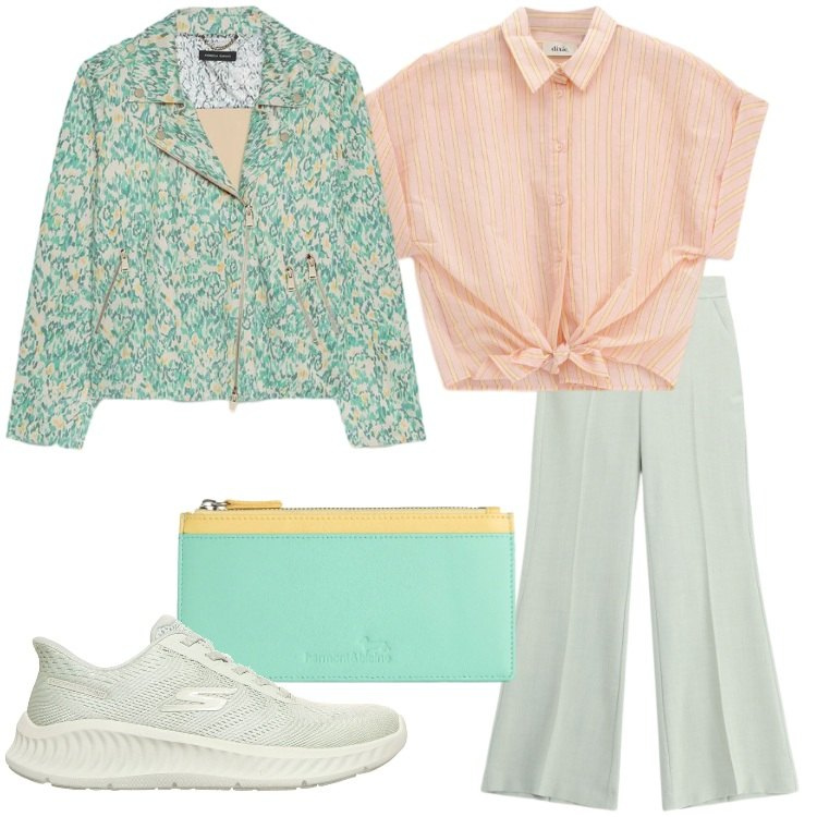 Outfit donna - Spring in Sale. Stile Trendy per Tutti i giorni. Abbinamento con blazer, portafogli, camicie a manica corta, pantaloni a palazzo, scarpe sportive.