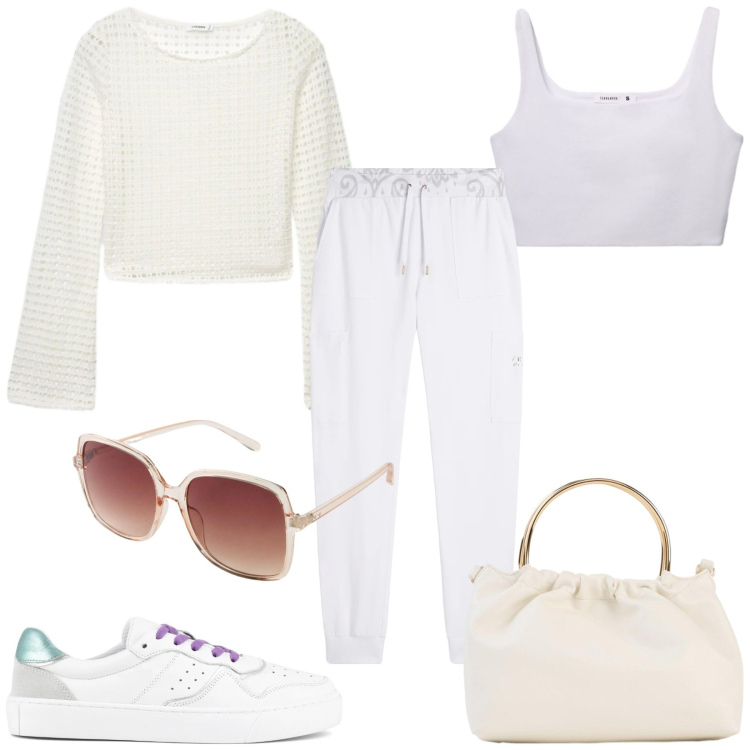 Outfit donna - Light as cloud. Stile Sporty chic per Tutti i giorni. Abbinamento con occhiali da sole, borse a tracolla, maglieria, canottiere, pantaloni, sneakers.
