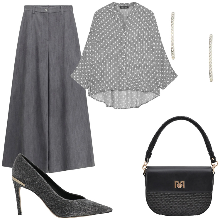 Outfit donna - Grigio in primavera. Stile Mannish per Serata fuori. Abbinamento con décolleté, camicie, pantaloni a palazzo, borse a spalla, orecchini.