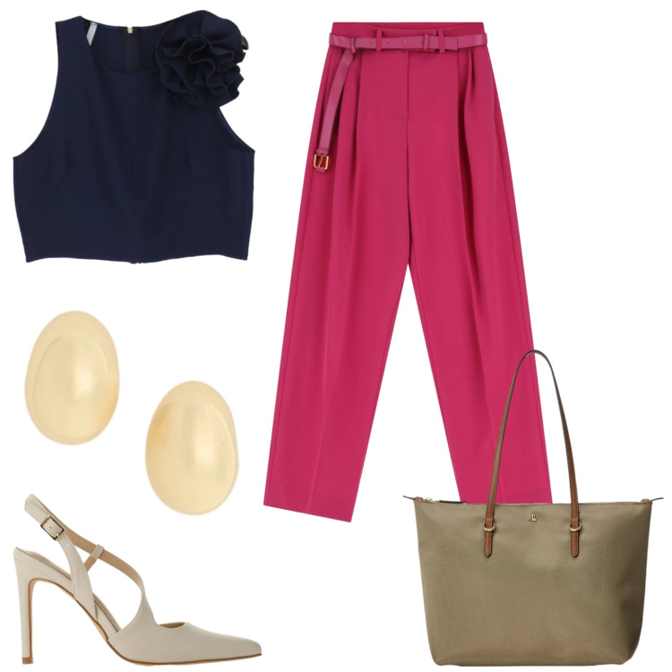 Outfit donna - Imperial. Stile Casual chic per Serata fuori. Abbinamento con pantaloni a palazzo, top, décolleté, orecchini, borse tote.