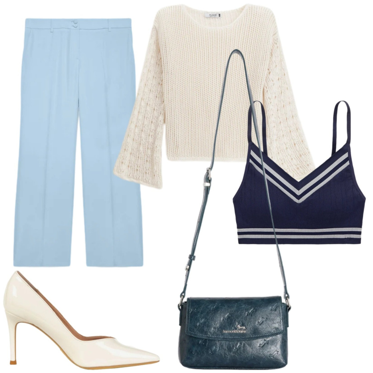 Outfit donna - Colori che illuminano. Stile Casual per Serata fuori. Abbinamento con pantaloni, borse a tracolla, décolleté, maglieria, reggiseni.