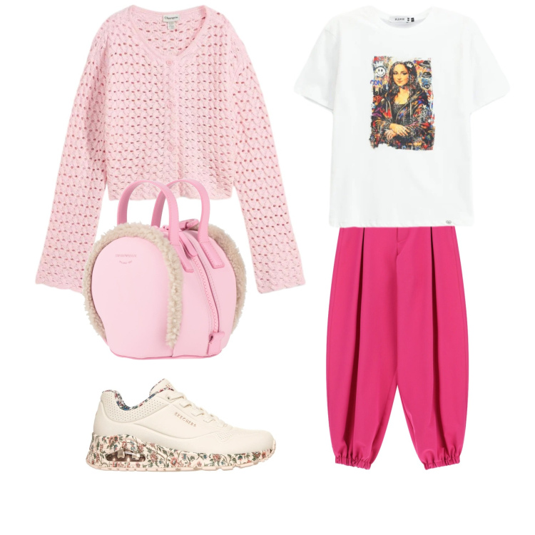 Outfit donna - Monnalisa. Stile Basic per Tutti i giorni. Abbinamento con zaini, cardigans, pantaloni a palazzo, t-shirt, sneakers alte.