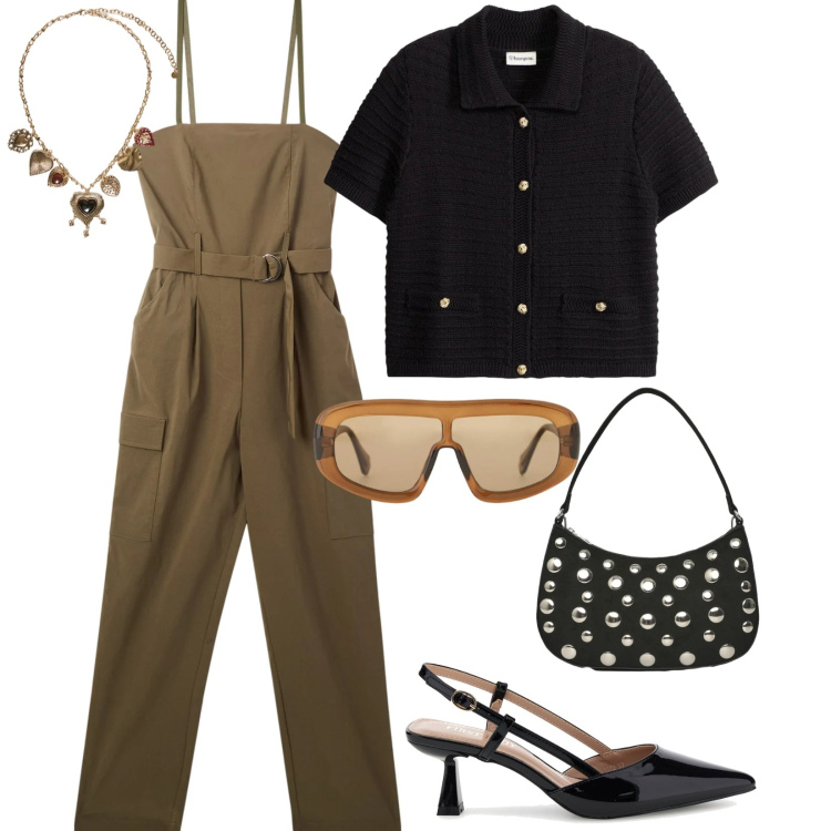 Outfit donna - La tuta versatile e pratica. Stile Casual per Tutti i giorni. Abbinamento con cardigans, collane, occhiali da sole, tute, borse a tracolla, décolleté.