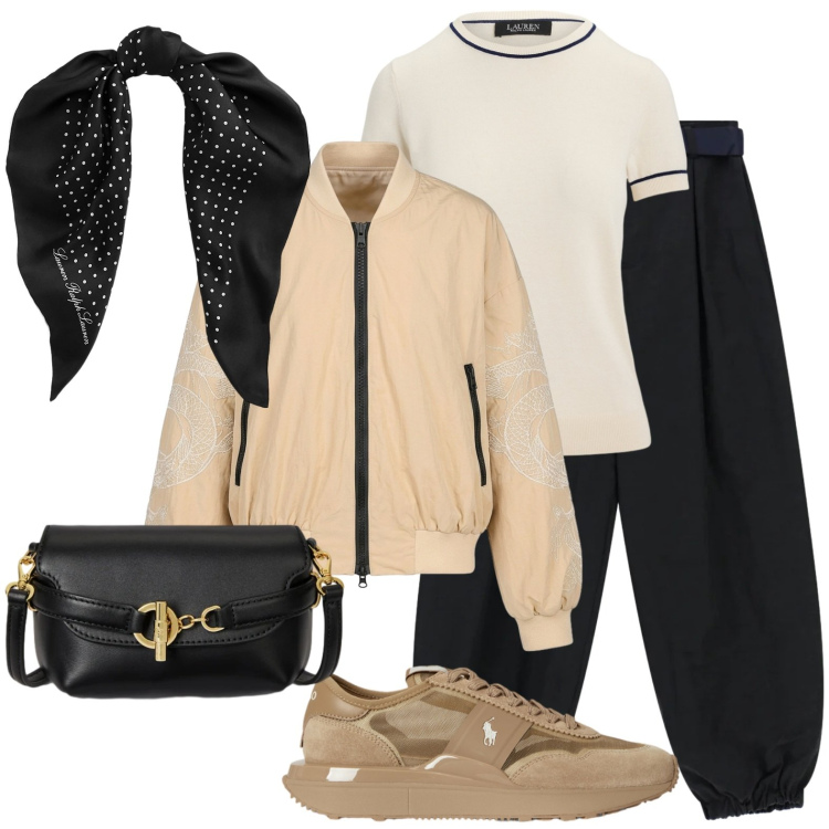Outfit donna - Passeggiata in collina. Stile Casual chic per Tutti i giorni. Abbinamento con pantaloni, bomber, foulard, maglieria, borse a tracolla, sneakers.