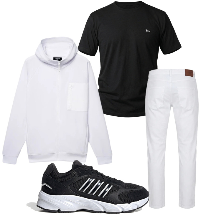 Outfit uomo - Black & white. Stile Casual per Tutti i giorni. Abbinamento con t-shirt, pantaloni, sneakers, felpe con cappuccio.