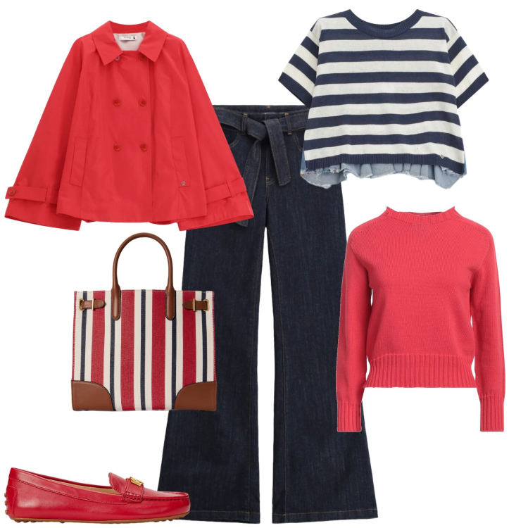 Outfit donna - Casual chic ufficio tempo libero. Stile Casual chic per Tutti i giorni. Abbinamento con pullovers, jeans a zampa, t-shirt, giacche, mocassini, borse tote.
