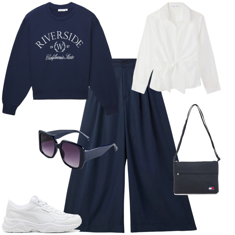 Outfit donna - Sporty chic ogni giorno. Stile Sporty chic per Tutti i giorni. Abbinamento con occhiali da sole, pantaloni, sneakers, borse a tracolla, felpe, camicie.