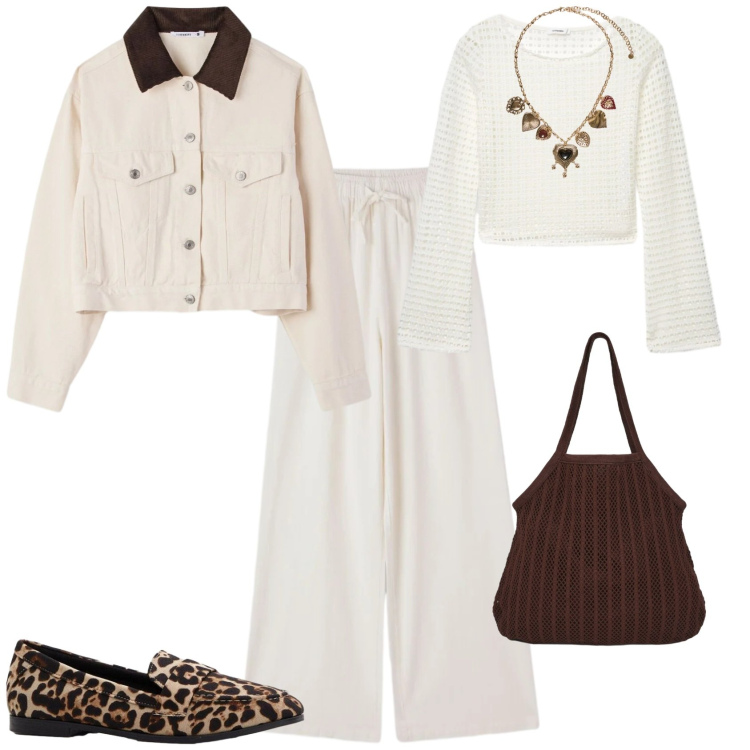 Outfit donna - Casual chic crema animalier marrone. Stile Casual chic per Tutti i giorni. Abbinamento con mocassini, collane, maglieria, shopping bag, pantaloni, blazer.